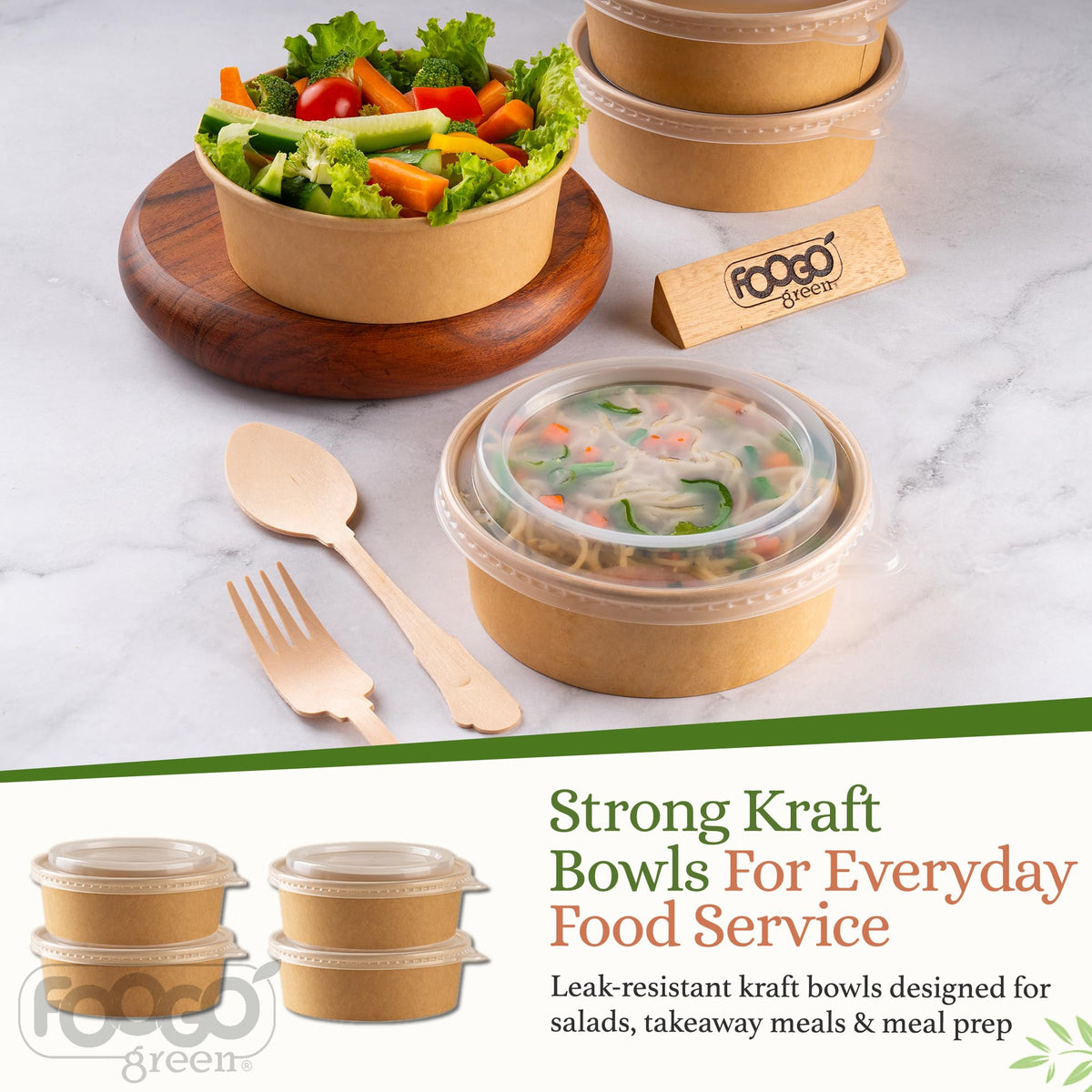 FOOGO Green 200Pcs 750ml 26oz Kraft Salad Bowls with Lids