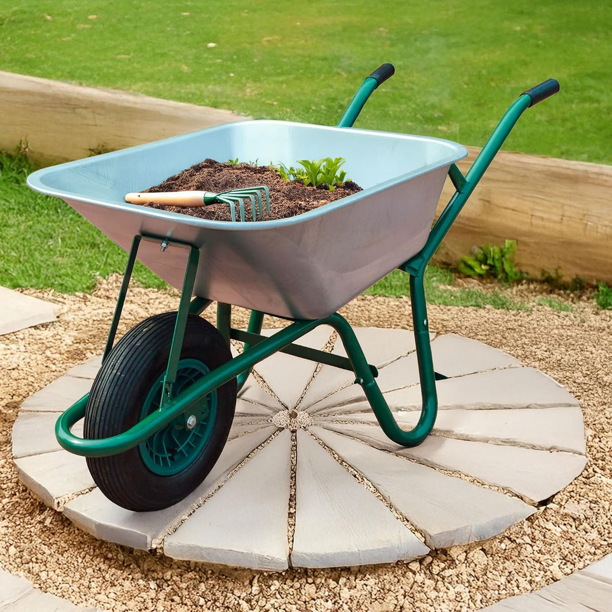 Neo Wheelbarrow Home Garden Cart Galvanised with Pneumatic Tyre (85L) Silver