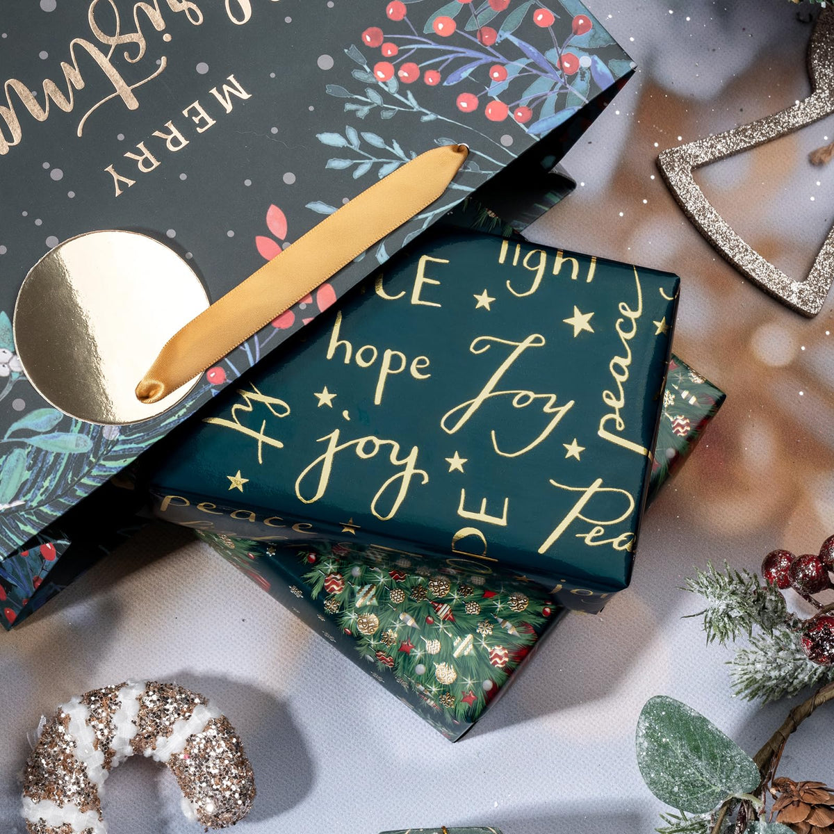 RUSPEPA Christmas Wrapping Paper Roll - Mini Roll - 3 Rolls - 43.2cm x 3m Per Roll - Bird, Christmas Garland, Holly and Pinecones Holiday Design with Metallic Foil Shine