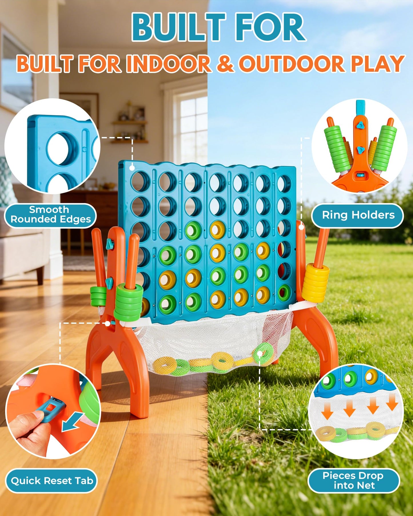 Large Four in a Row Strategy Game – Premium Quality Four in a Row Game for Kids Aged 3 and Up, Perfect for Indoor and Outdoor 4 in a Row Fun, Family Gatherings, and Parties