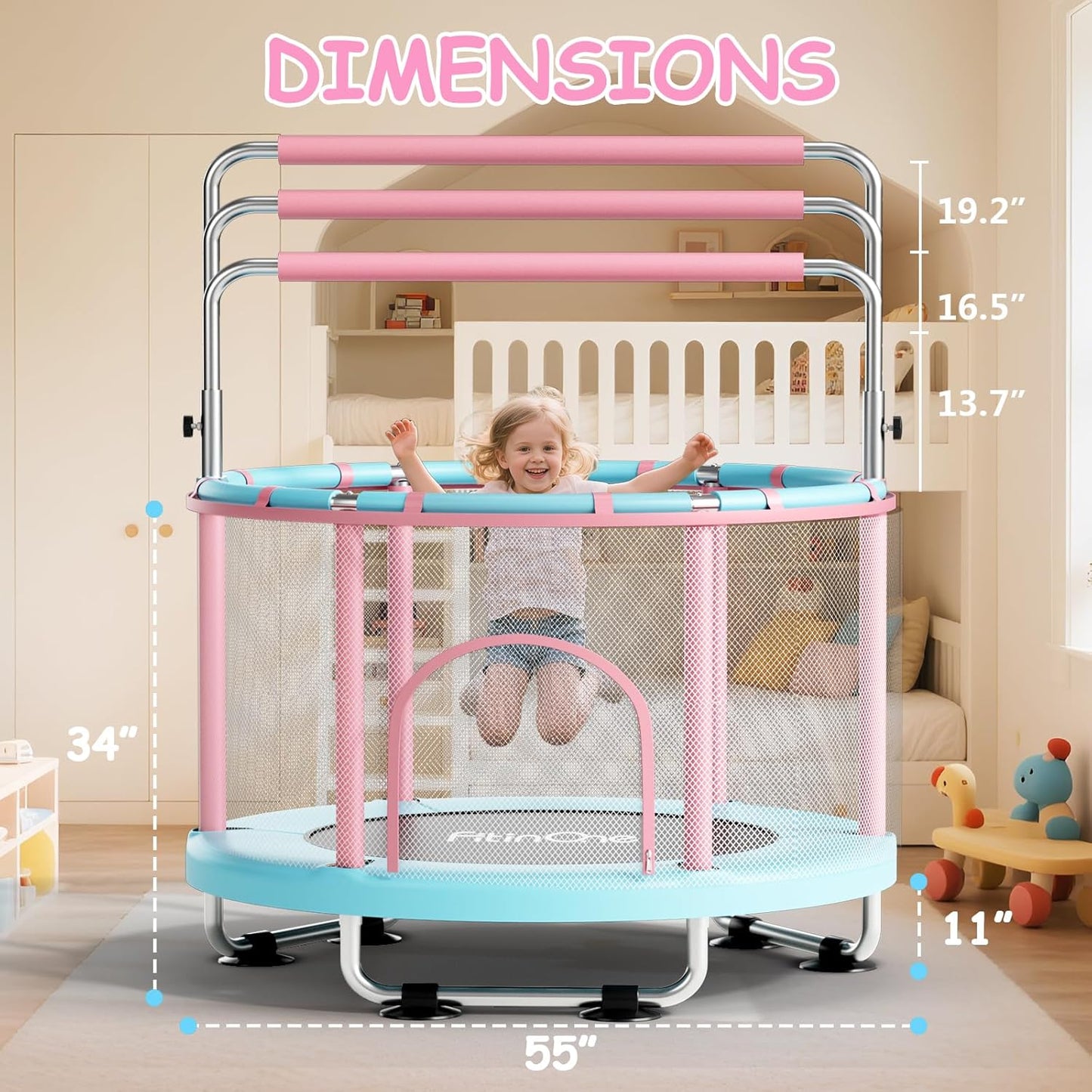 FitinOne 55" Toddler Trampoline with Safety Net, Gymnastics Bar, Swing & Rings
