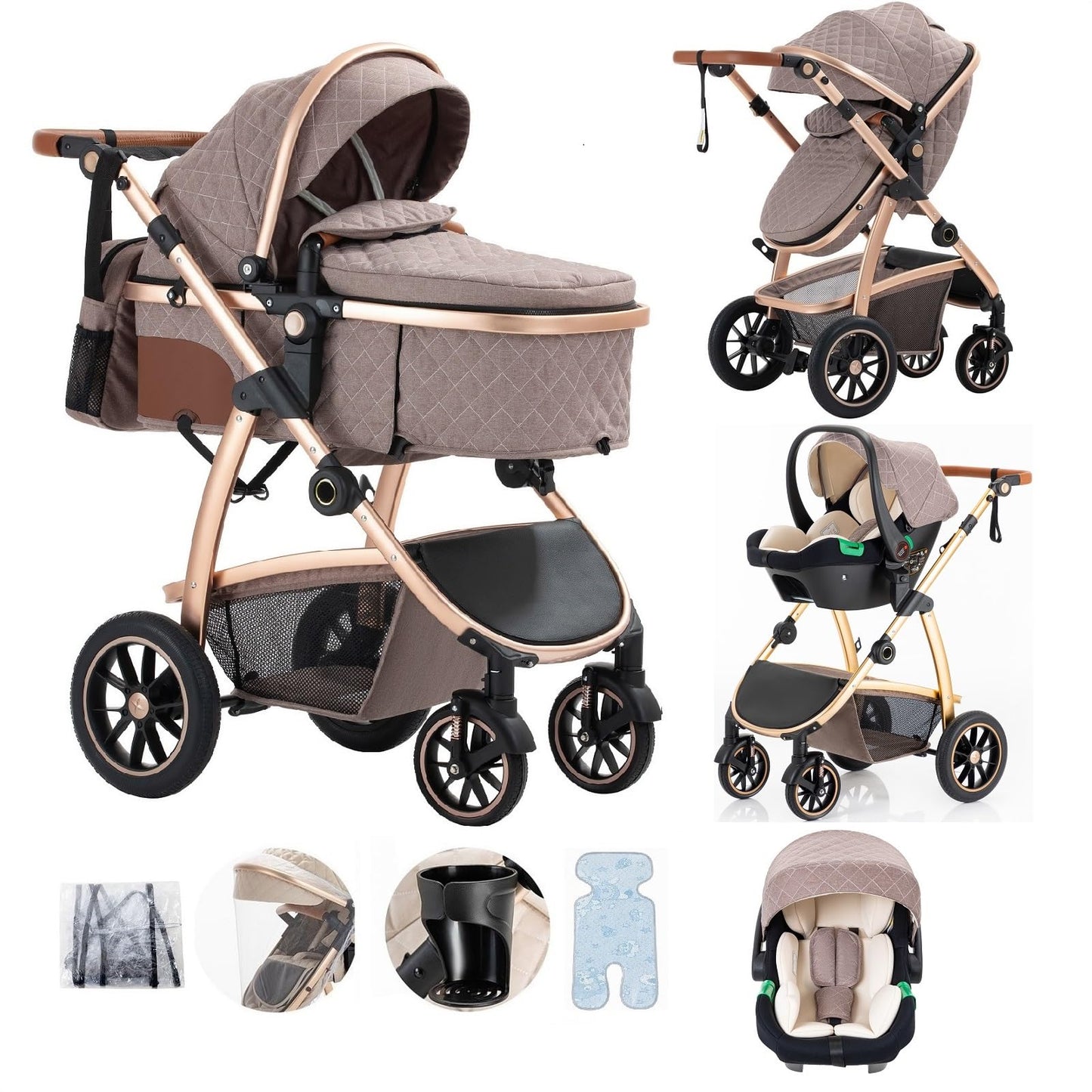 Baby Stroller 3 in 1,Travel Pushchair's Lie-Flat Pram is Foldable, Stroller System Handle is Adjustable, The Wheels are Made of PU Material, Suitable for 0-3 Years-Khaki