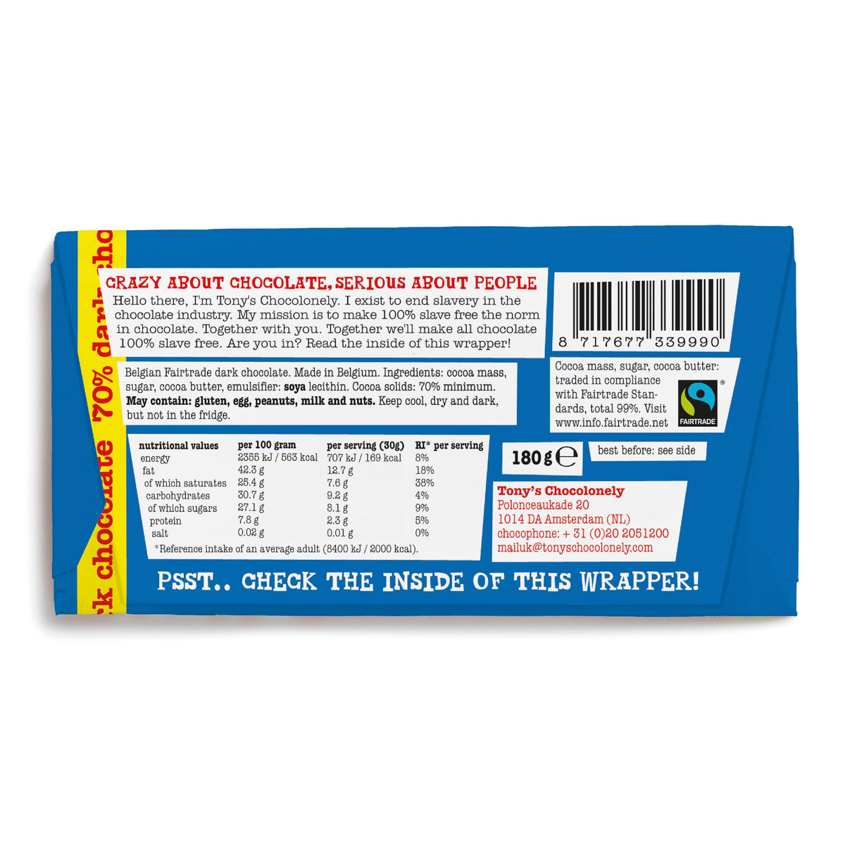 Tony's Chocolonely Milk Chocolate Bar - 180g Belgian Fairtrade Chocolate, Gift, 32% Cocoa, Vegetarian