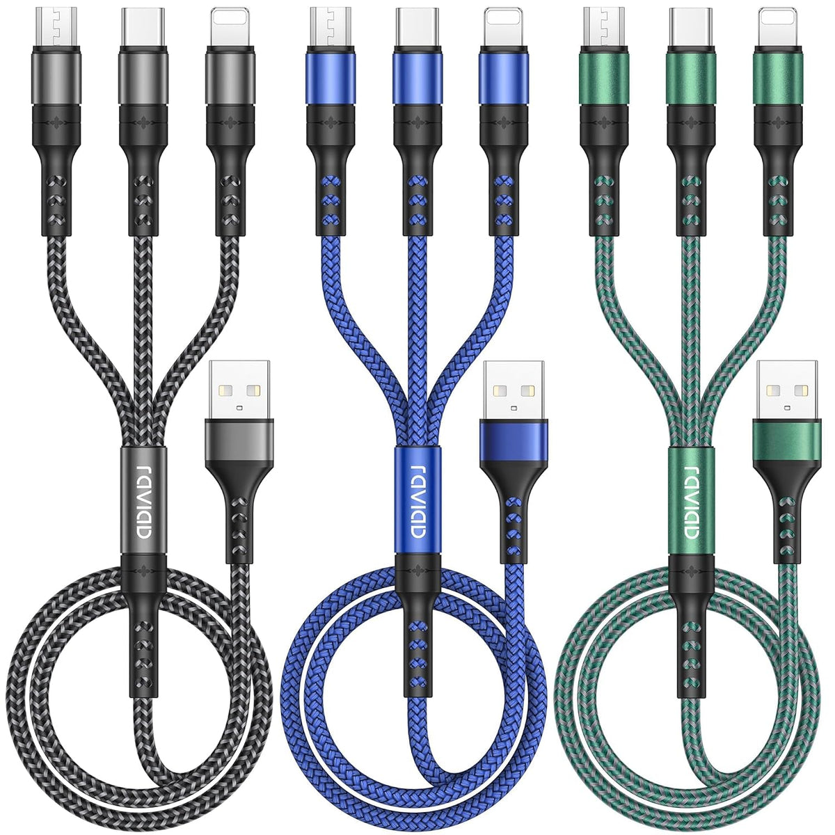 RAVIAD Multi Charger Cable 3 Packs 1.2M 3 in 1 Charging Cable Nylon Braided