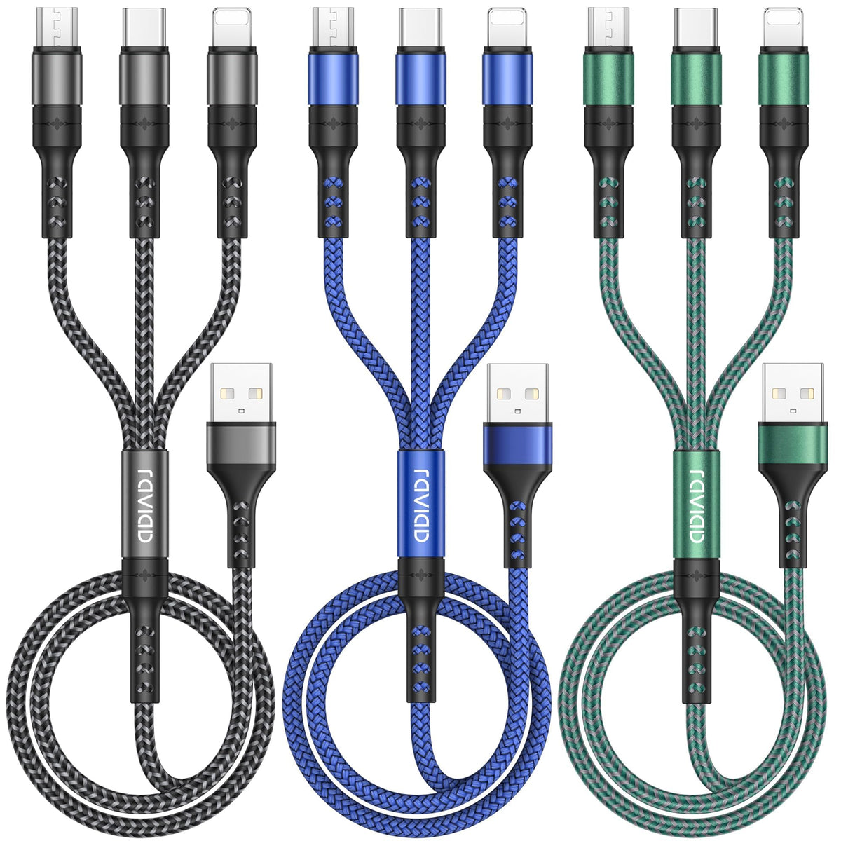 RAVIAD Multi Charger Cable 3 Packs 1.2M 3 in 1 Charging Cable Nylon Braided