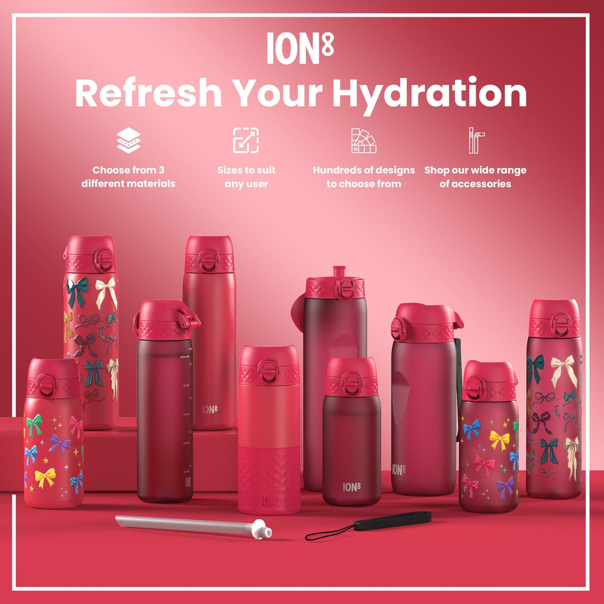 Ion8 Water Bottle, 500 ml/18 oz, Leak Proof, Easy to Open, Secure Lock, Dishwasher Safe, Hygienic Flip Cover, Carry Handle, Fits Cup Holders, Easy Clean, Hot Pink