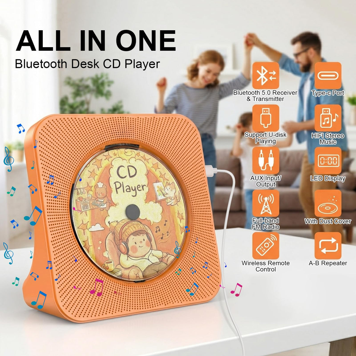 Portable CD Player with Bluetooth, Gueray Desktop CD Players for Home, Bulit-in Double HiFi Speakers, AUX&Headphone Jack, FM Radio Boombox with Remote Control, USB Port,LCD Display (Blue)