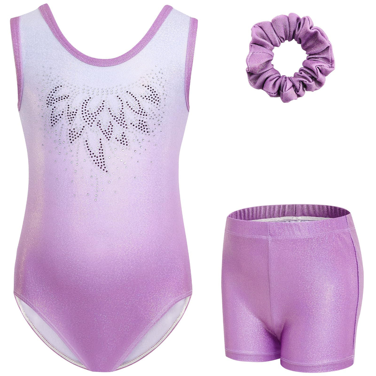 Gogokids Girls' Three-Piece Gymnastics Set, Sleeveless Leotards with Shorts and Hairband, Sparkling Ballet Dancing Unitards - Gymnastics Outfit with Gradient Color Design for 3-12 Years