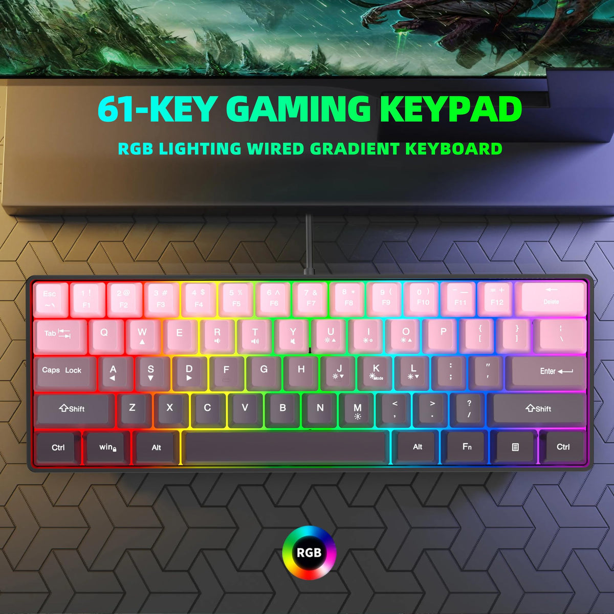 Snpurdiri Wired Mechanical Gaming Keyboard, 60% Size, LED Backlight, 61 Keys, Small Wired Office Keyboard for Windows Laptop/PC, Mac (Black-Red, Blue Switches)