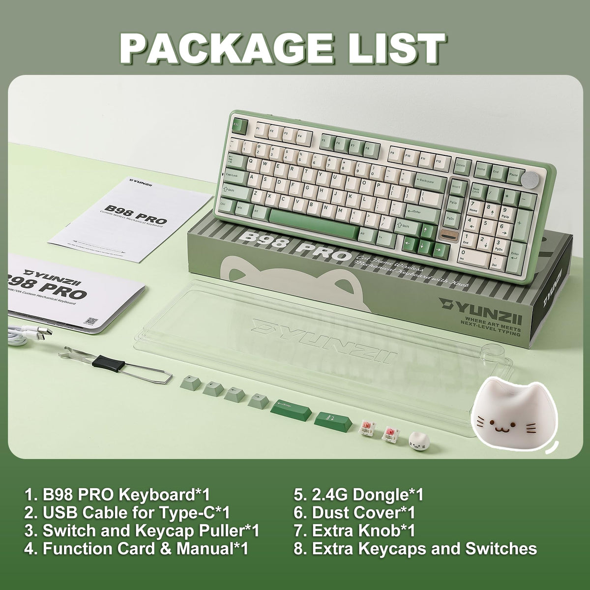 YUNZII B98 PRO 96% Wireless Mechanical Keyboard (Matcha Green, Candy Switch)
