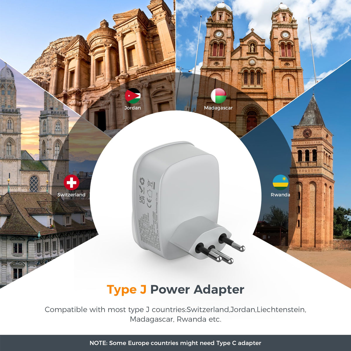 TESSAN UK to Italy Plug Adapter, Grounded Type L Travel Adaptor with USB C