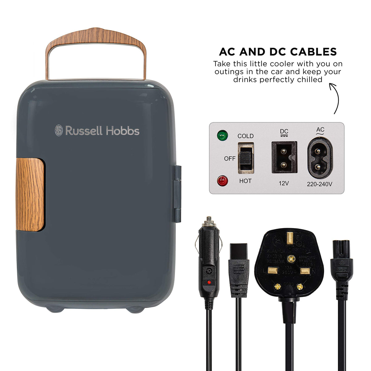 Russell Hobbs RH4CLR1001 4L/6 Can Portable Mini Cooler & Warmer for Drinks, Cosmetics/Makeup/Skincare, AC/DC Power, Retro Style, White, For Bedroom, Home, Caravan, Car
