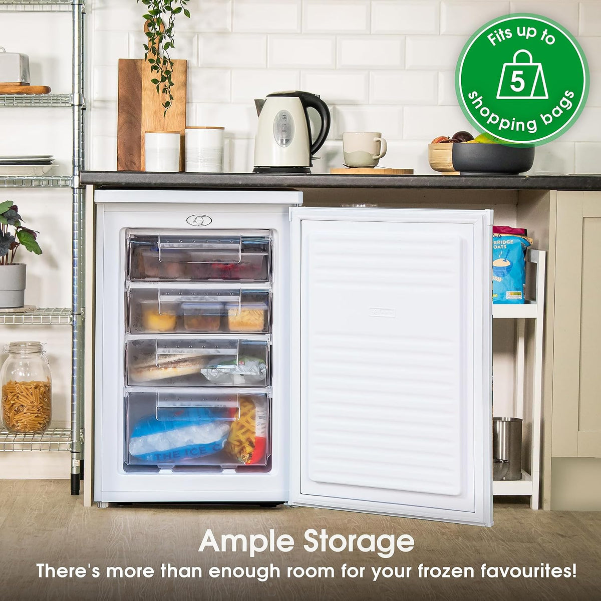 Abode Under Counter Freezer 55cm Wide Freestanding White 91 Litre with 4 Drawers, Adjustable Feet & Reversible Door, 4 Star Freezer, Suitable for Garages & Outbuildings A85UCFZ552E1W (White, 55 cm)
