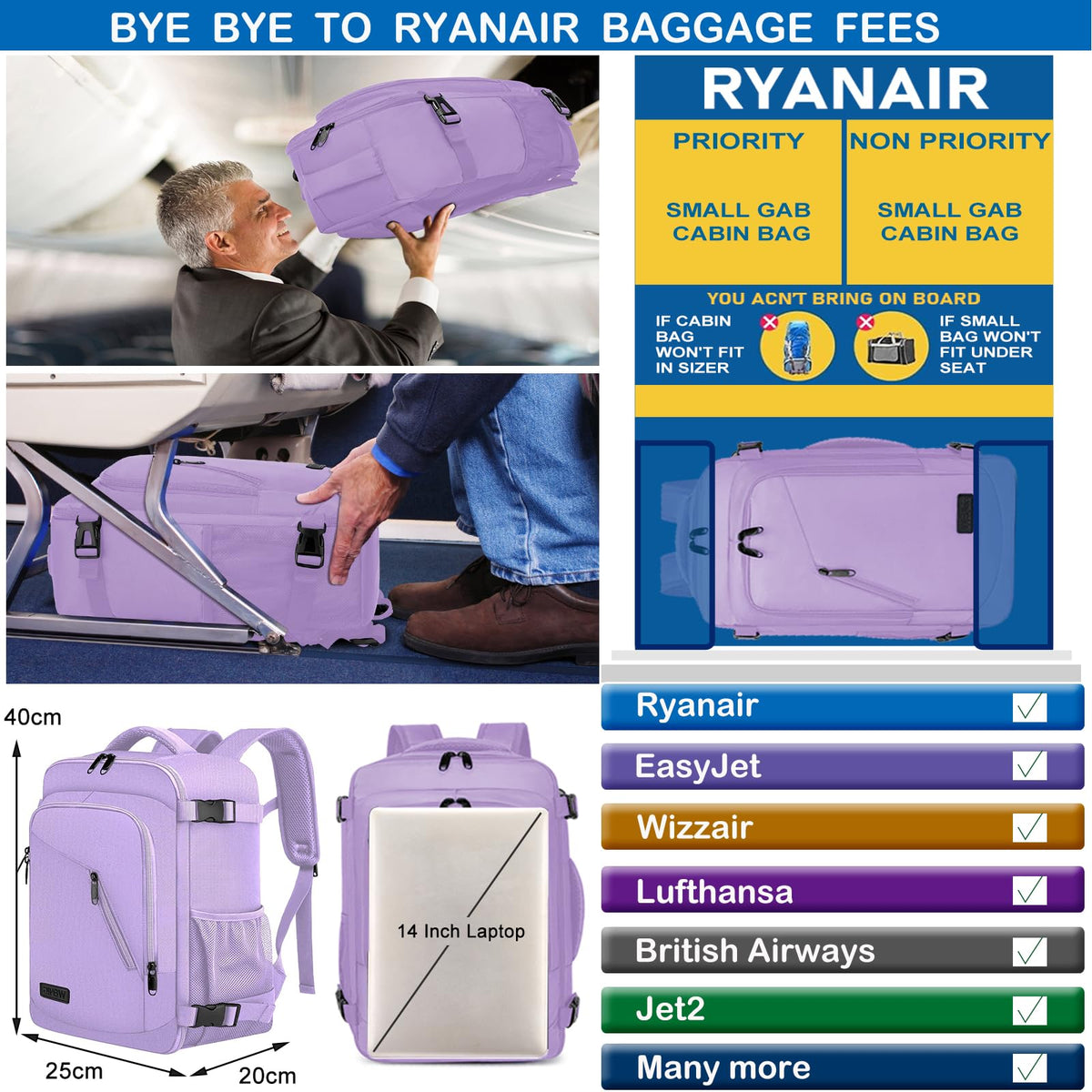 Ryanair Cabin Bags 40x30x20 Underseat 24L Small Travel Backpack Cabin Size