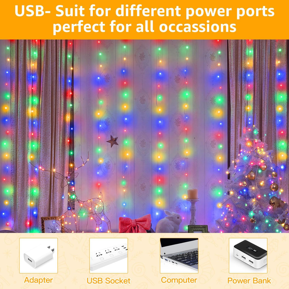 Ollny Curtain Fairy Lights, 200 LEDs 2mx2m Window String Lights Multicolour