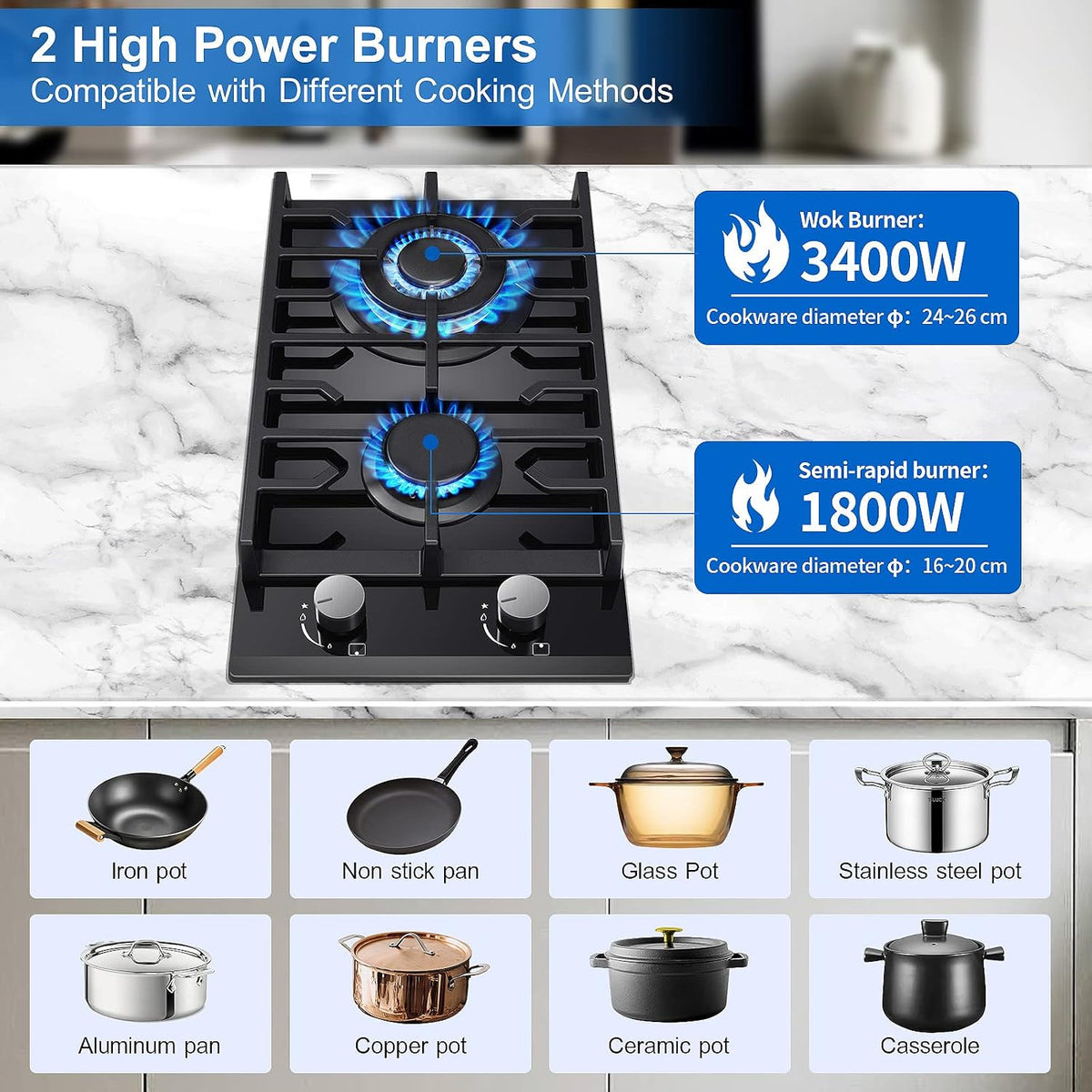 TopStrong Gas Hob 4 Burners, 60cm Black Glass Built-in Cooktop with 8060W Wok Burner & Thermocouple Protection, Natural Gas & LPG Compatible