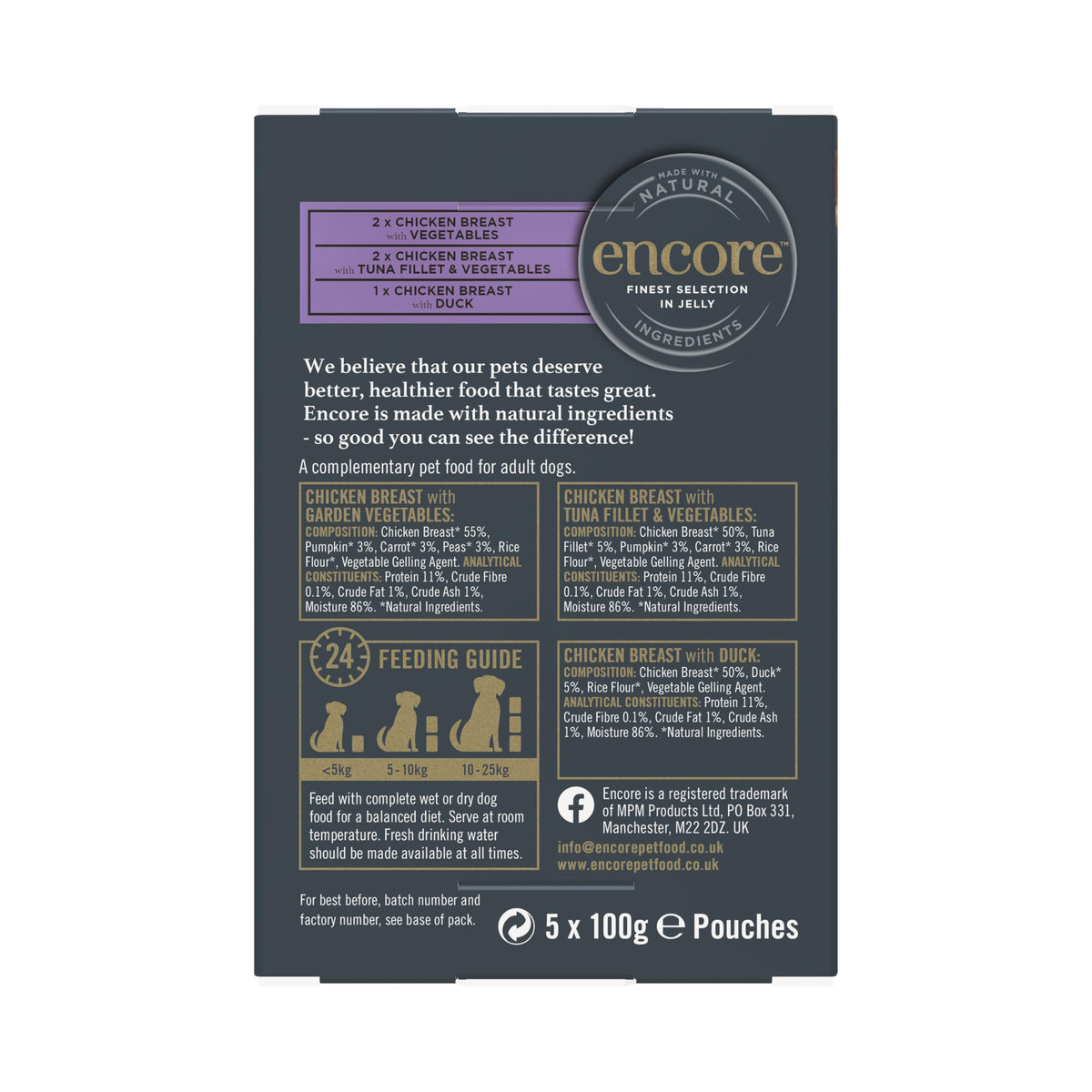 Encore 100% Natural Wet Dog Food, Chicken with Fish Selection in Broth 100g Pouch (Pack of 15x100g)