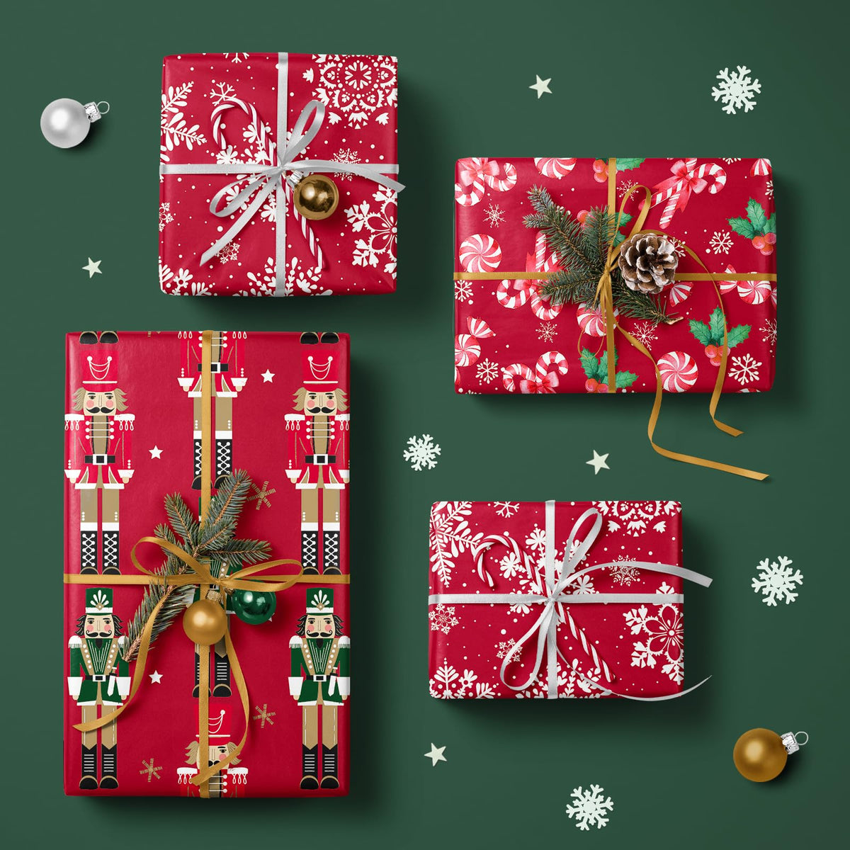 RUSPEPA Christmas Wrapping Paper Roll - Mini Roll - 3 Rolls - 43.2cm x 3m Per Roll - Bird, Christmas Garland, Holly and Pinecones Holiday Design with Metallic Foil Shine