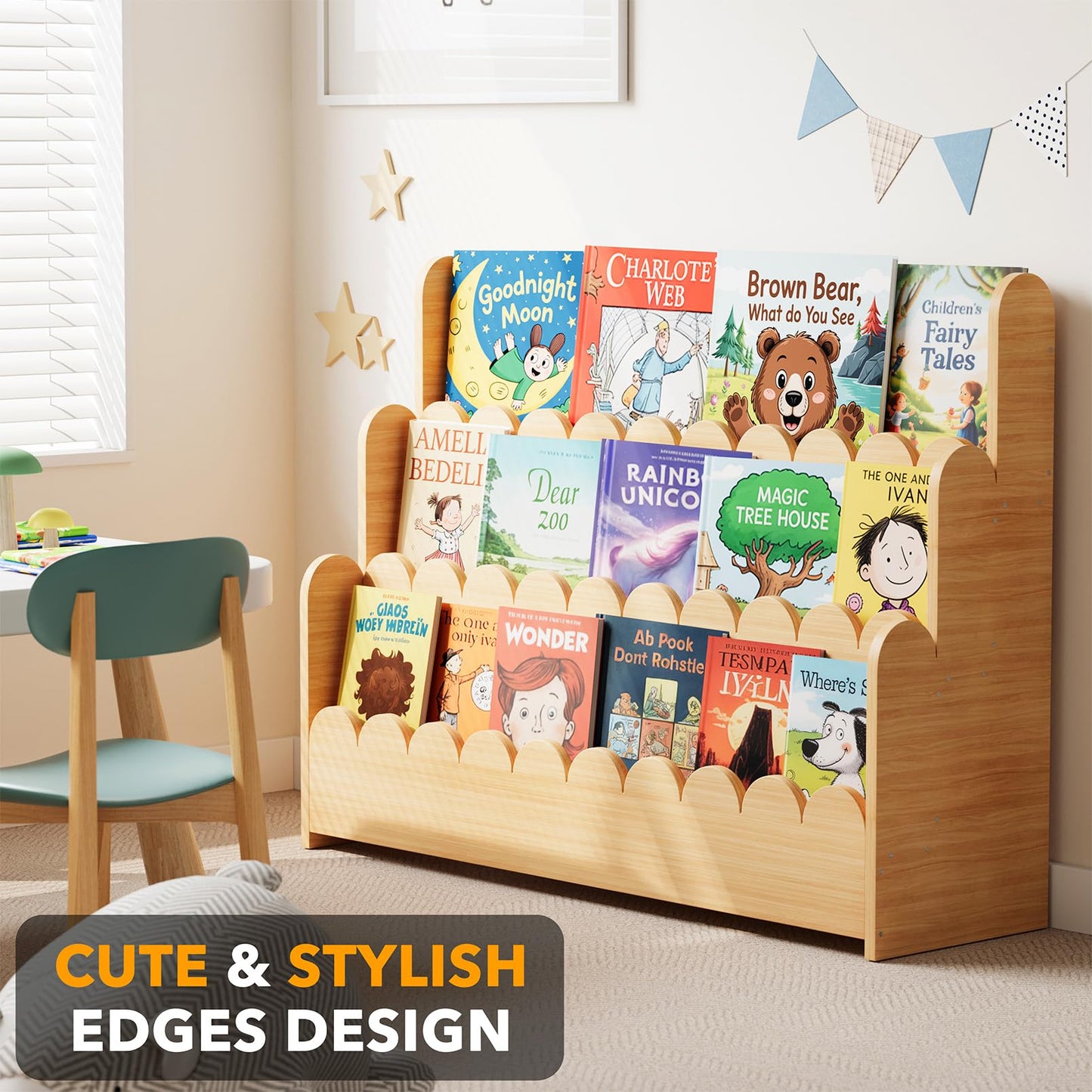 SpaceAid 3-Tier Scalloped Bookshelf, Montessori Bookcase for Toddlers, Wooden Book Shelf Organizer Display Furniture for Kids Rooms, Playroom, Nursery and Classroom, Natural