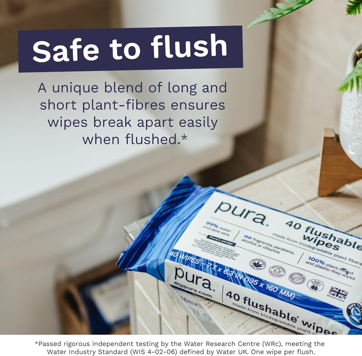 Pura Flushable Moist Toilet Tissue Wipes, 1 Pack of 40 Wet Wipes, 100% Plastic Free, 99% Water Clean Washlets, Certified ‘Fine to Flush’ Biodegradable, Compostable, Vegan, Gentle Clean