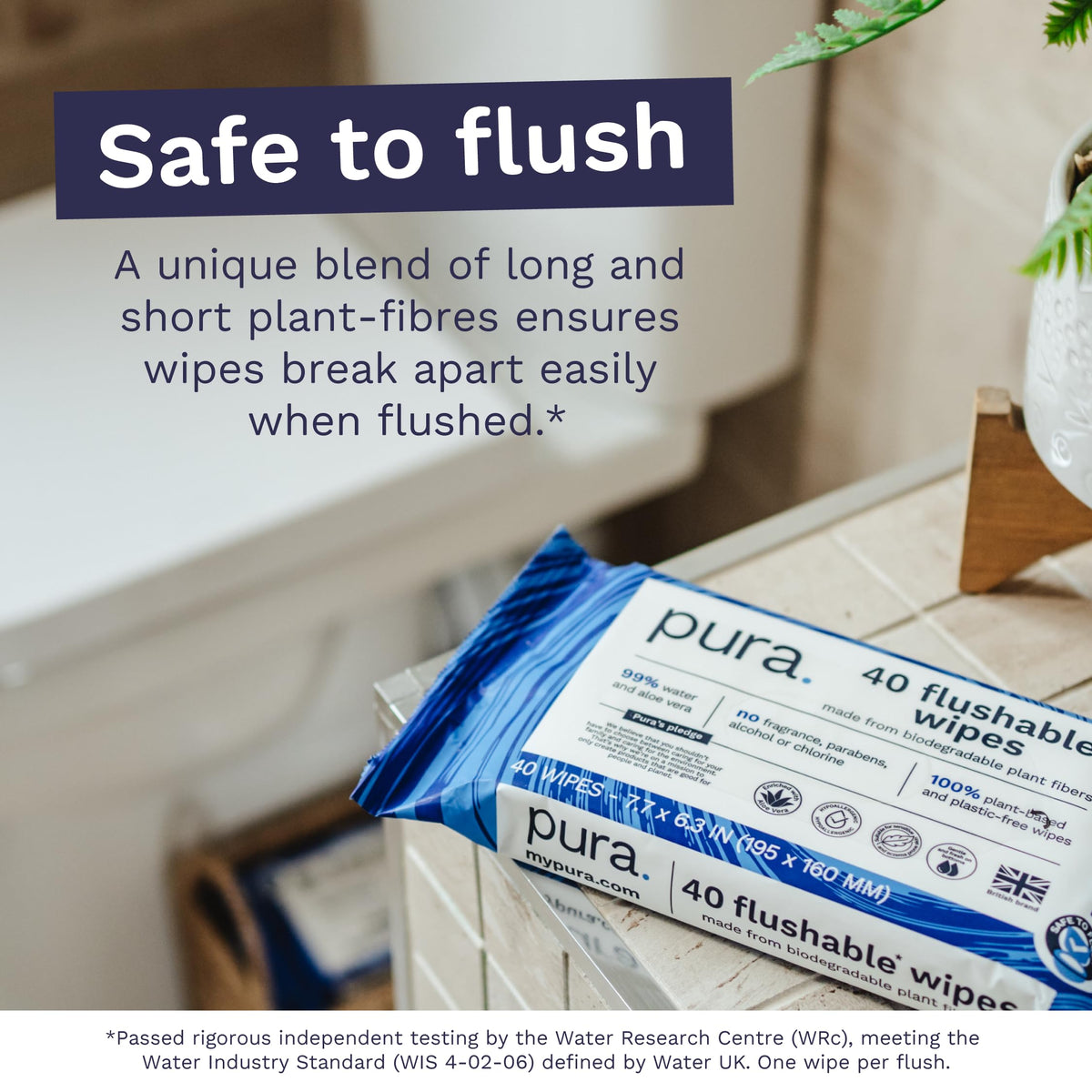 Pura Flushable Moist Toilet Tissue Wipes, 1 Pack of 40 Wet Wipes, 100% Plastic Free, 99% Water Clean Washlets, Certified ‘Fine to Flush’ Biodegradable, Compostable, Vegan, Gentle Clean