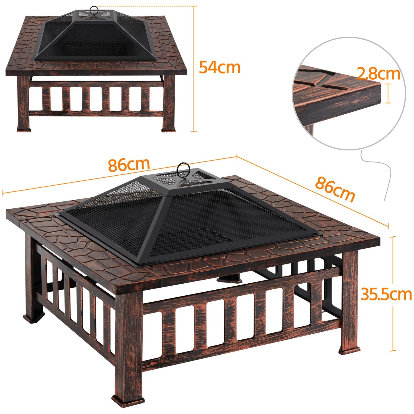 Yaheetech Outdoor Fire Pit 81cm Square Fire pits 3-in-1 Heat-resistant Metal Garden Stove for Barbecue, Heating, Cooling Drinks with Cover & Poker, Black