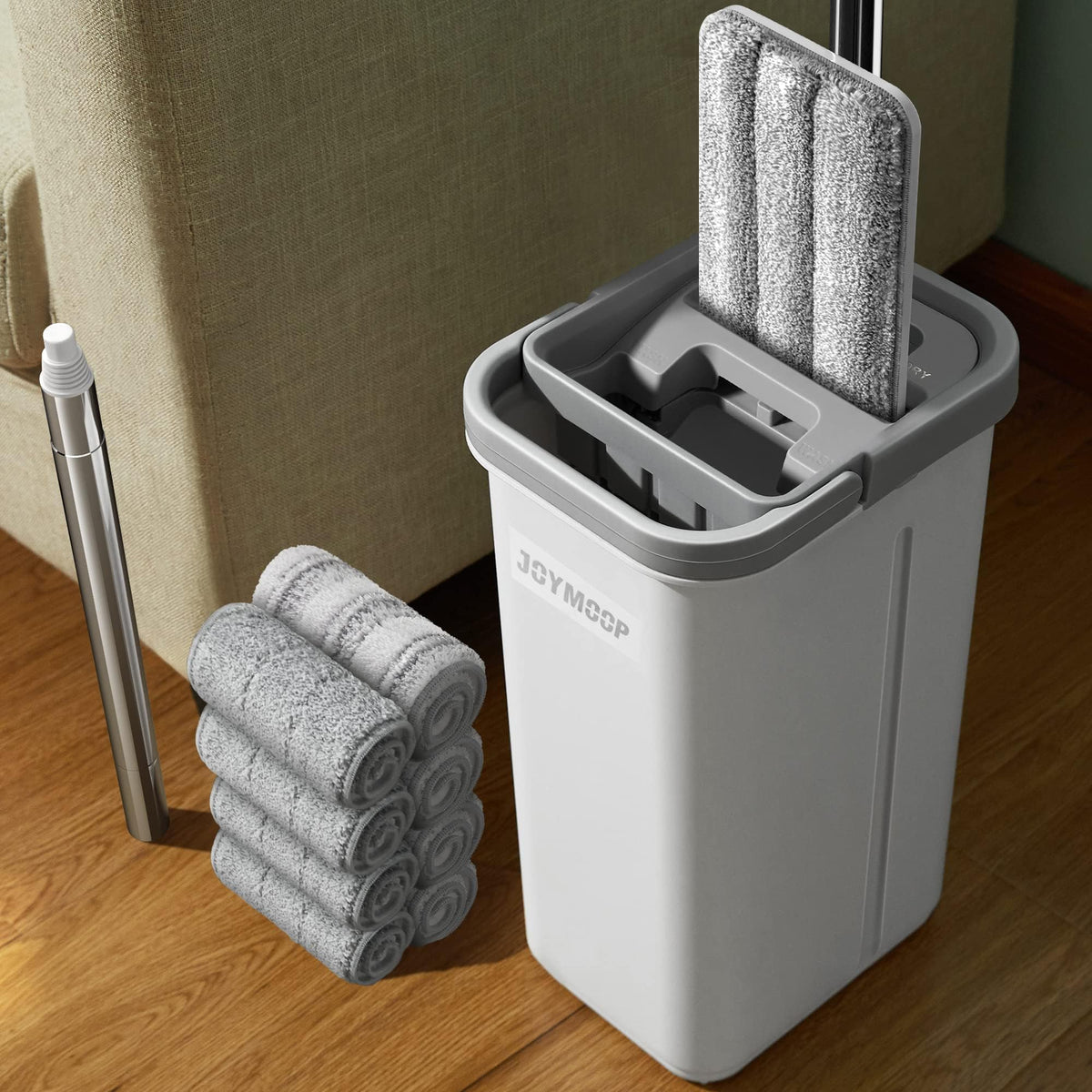 JOYMOOP Mop and Bucket with Wringer Set, Hands Free Flat Floor Mop and Bucket, with 3 Washable Microfiber Pads, Wet and Dry Use, Floor Cleaning System