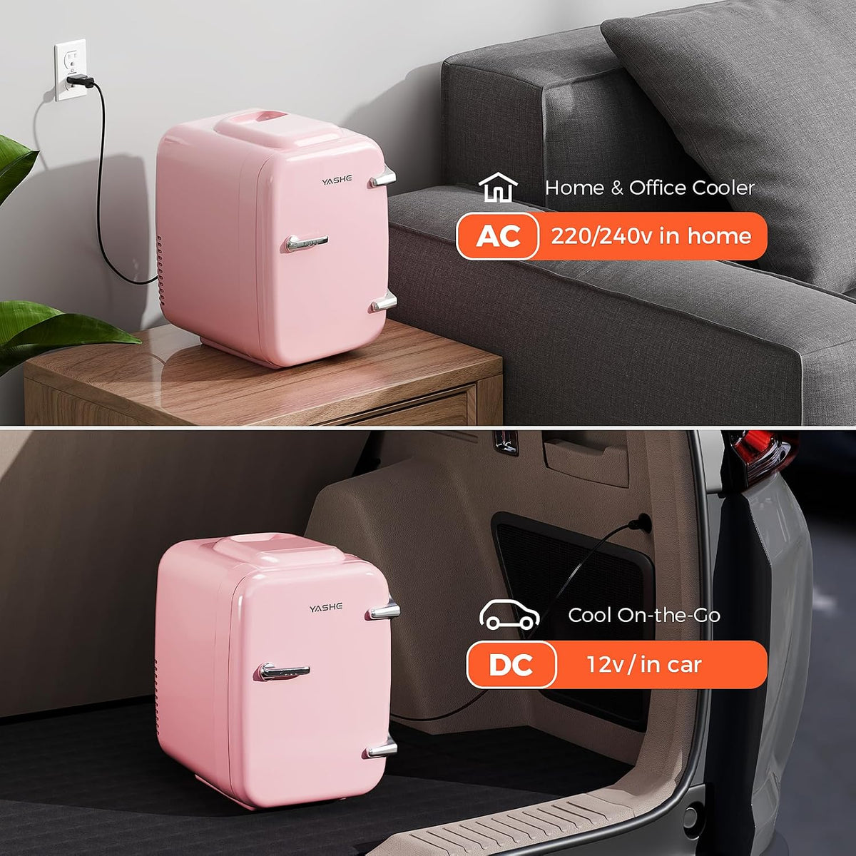 YASHE Mini Fridge, 4 Liter/6 Cans Portable Cooler and Warmer, AC/DC Power Small Fridge, Quiet Desk Skincare Fridge for Beauty Drinks Medicine, Mini Fridge for Bedrooms Office Dorm Car Travel, Pink