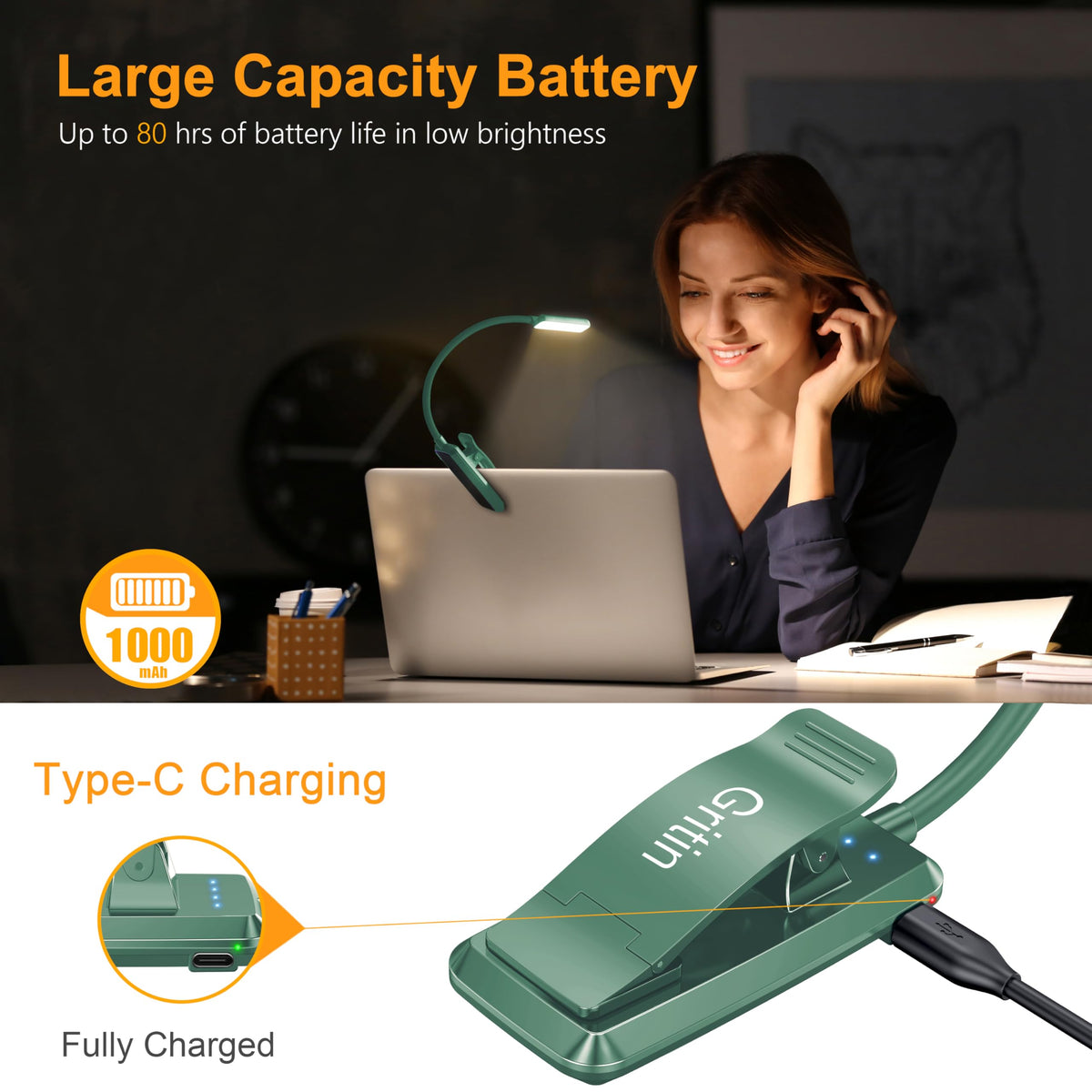 Gritin 9 LED Rechargeable Book Light for Reading in Bed-Stepless Dimming