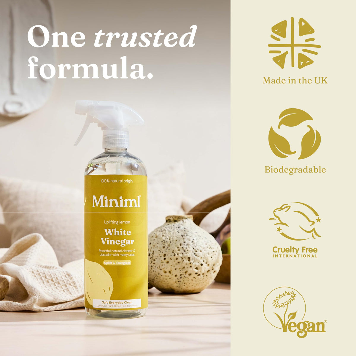 Miniml Eco White Vinegar Cleaning Unscented 750ml - All Natural Multi-Surface & Multi-Purpose Cleaner, Limescale Remover, Laundry Softener & More - 100% Vegan & Cruelty Free
