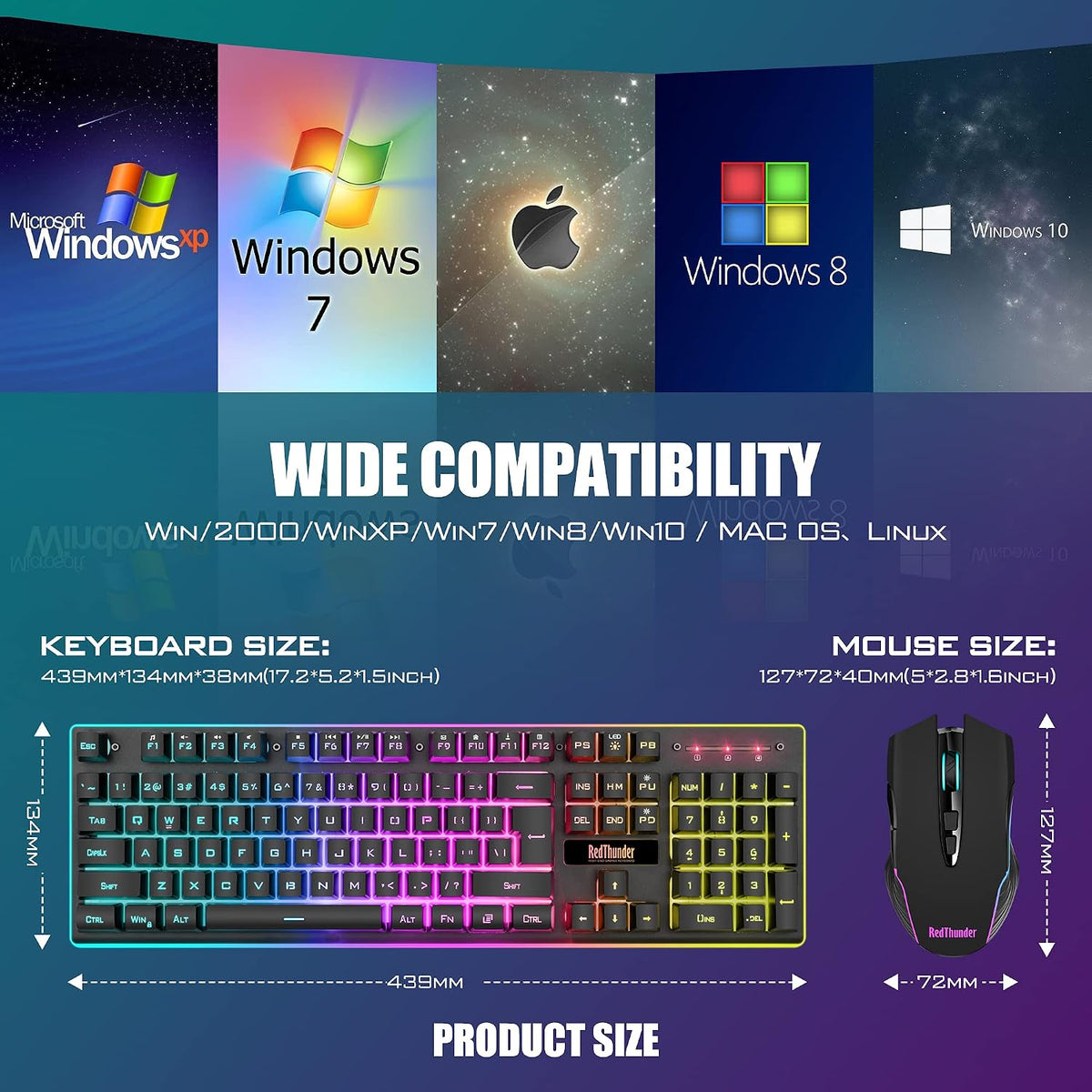 RedThunder K10 Wireless Gaming Keyboard and Mouse Combo, LED Backlit Rechargeable 3800mAh Battery, UK Layout Mechanical Feel Keyboard + 7D 3200DPI Mice for PC Gamer (Black)