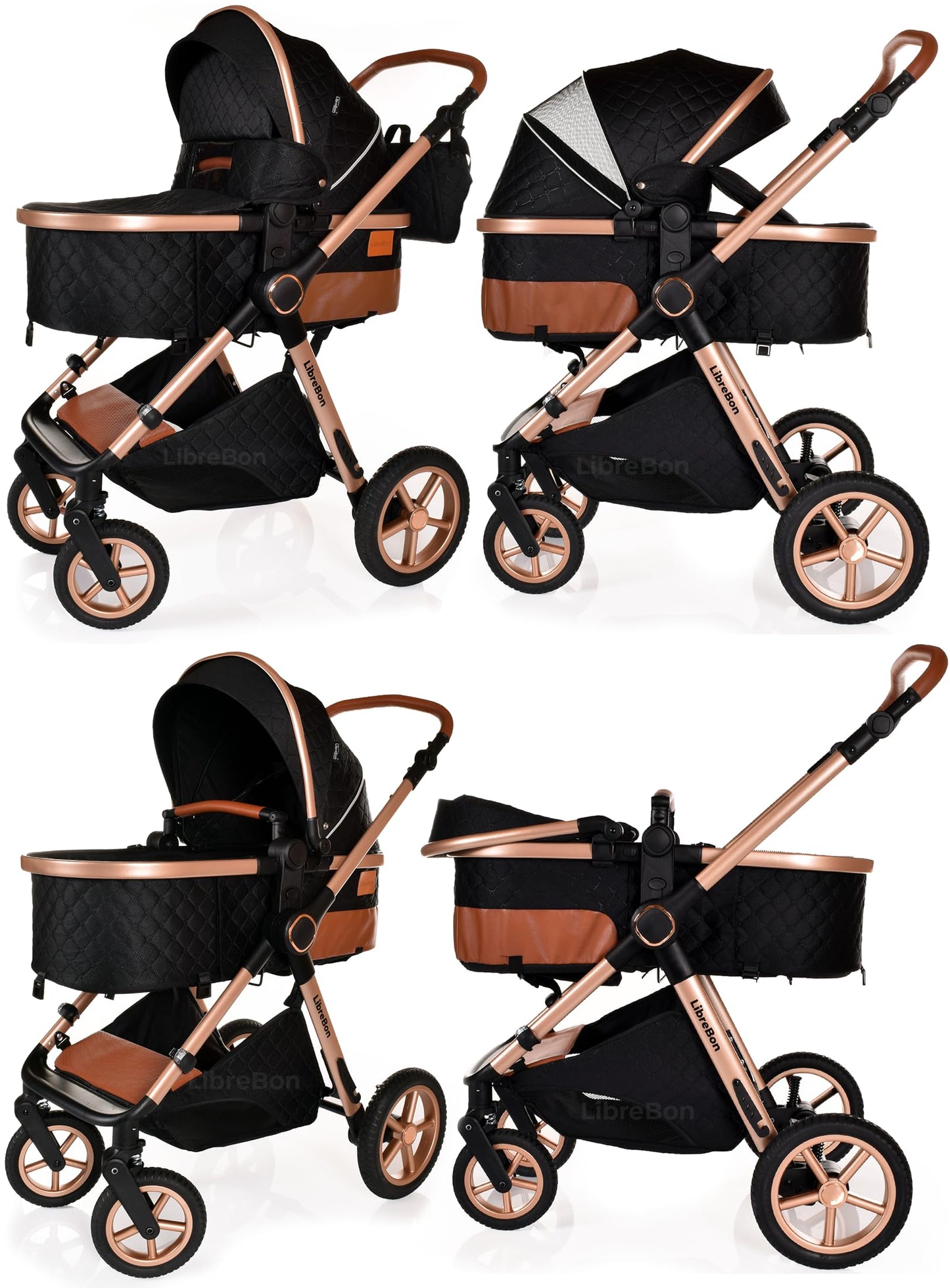 Baby Buggy Pram Pushchair Stroller 3 in 1 Child Lightweight Folding Stroller 3 in 1 Travel System Pram for Newborns & Toddlers from Birth Aluminum (Beige - Rose Gold Frame)
