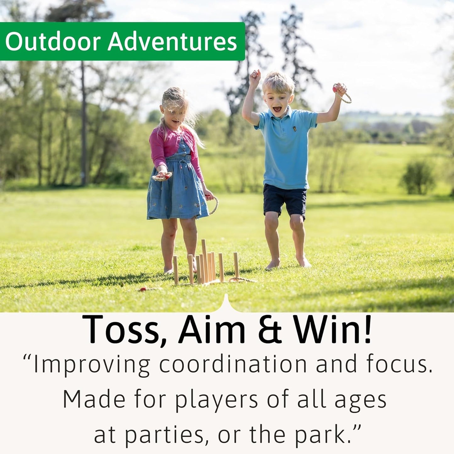 Jaques of London Wooden Quoits Garden Game | Outdoor Games for Adults & Kids | 9 Pin Ring Toss Game | Family Lawn Games | Since 1795