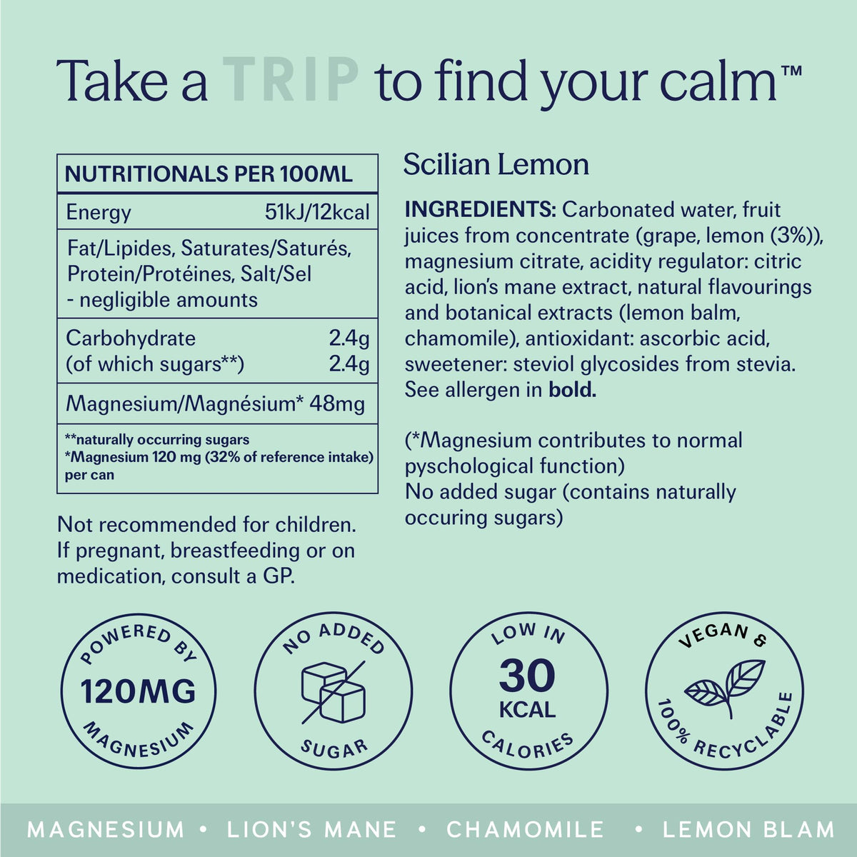TRIP Cucumber Mint Sparkling drink with 120MG calming Magnesium + Lion’s Mane + Chamomile + Lemon Balm. Low Calorie and Vegan (Pack of 12 x 250ml) - Packaging Might Vary