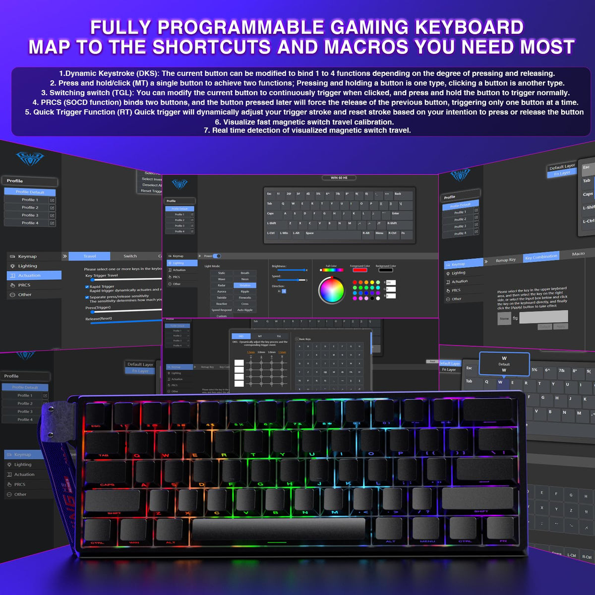 AULA WIN60 HE Mechanical Gaming Keyboard Wired,Hall Effect Magnetic Switches,Adjustable Actuation Rapid Trigger,8K Polling Rate,RGB Backlight,60% Percent Keyboard for Mac/Win (BLACK) (Pack of 2)