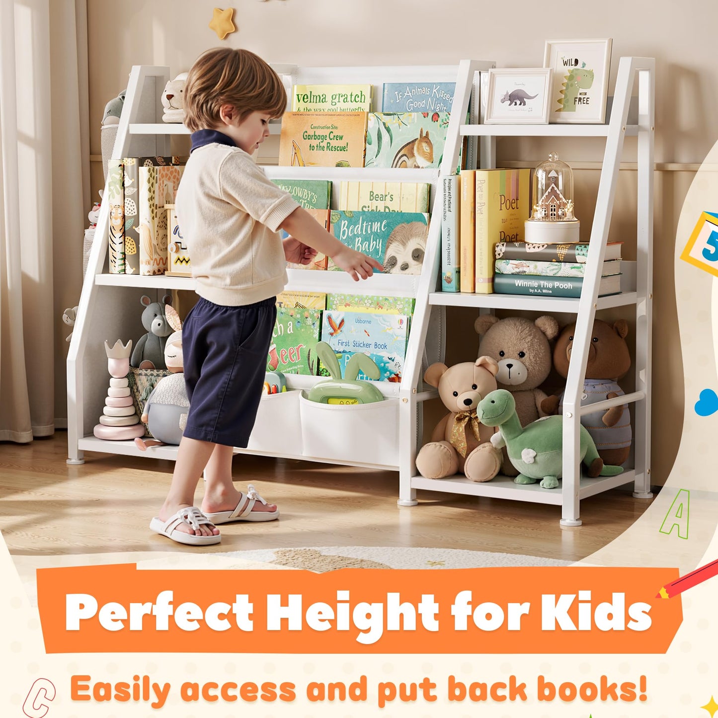 GoTiling Kids Bookshelf and Toy Storage Organizer: 3-Tier Sling Book Shelf with 3 Side Pockets for Kids Room - Toy Storage Organizer with 2 Fabric Drawers for Nursery, Bedroom, Playroom