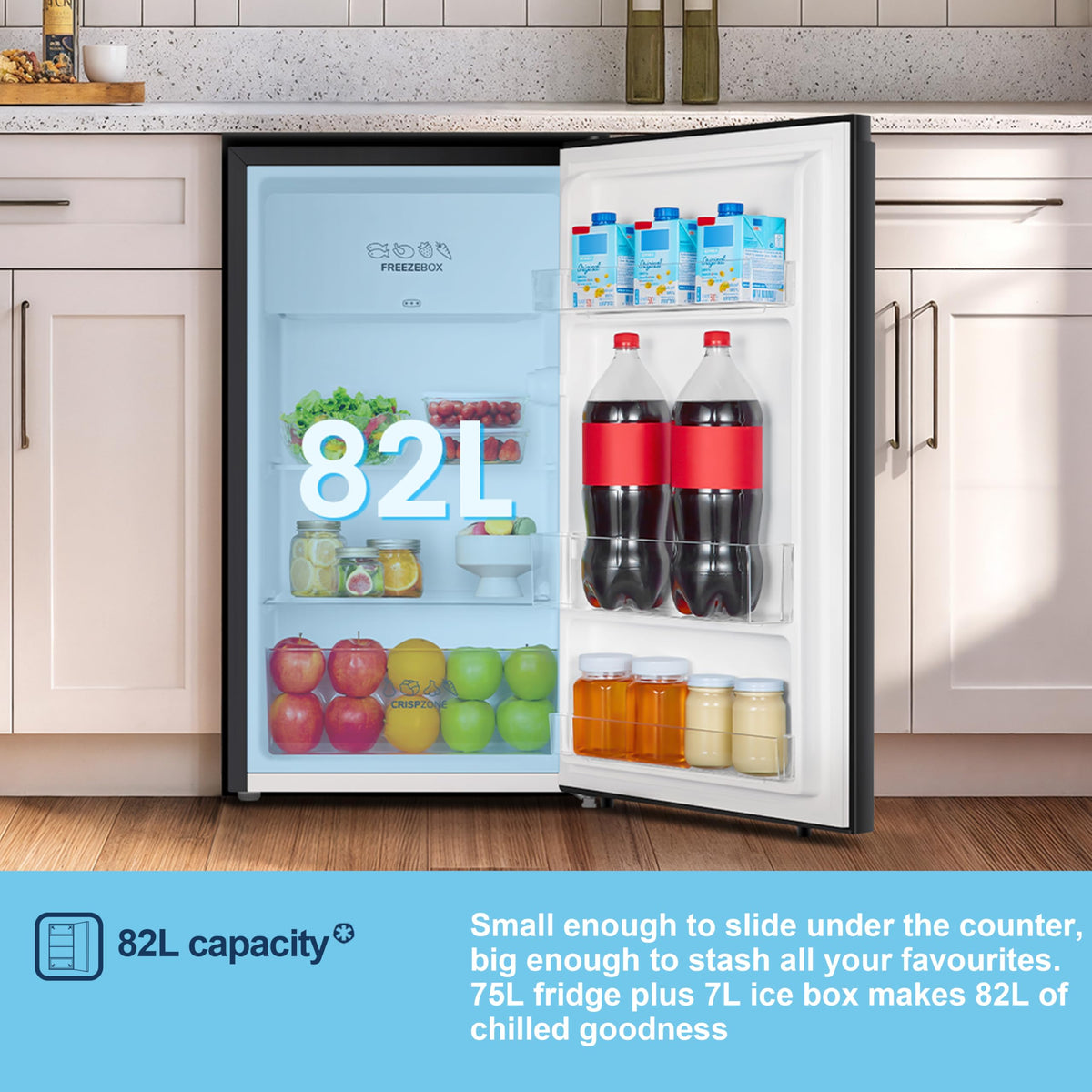 Fridgemaster 45L Table Top Mini Fridge MUR4545, 45cm Compact Refrigerator with Adjustable Thermostat, Reversible Door, 39dB Low Noise, White, Energy Class E