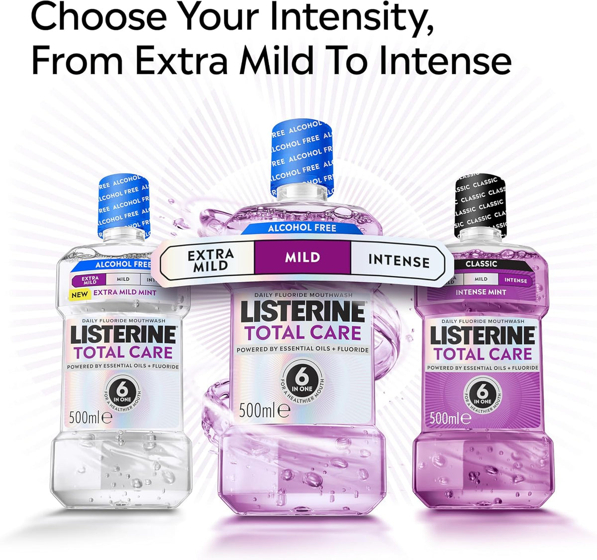 Listerine Total Care Intense Taste Classic Antibacterial Mouthwash (500ml), Fresh Mint Blast Flavour with 6-in-1 Benefits, Helps Reduce Plaque and Freshens Breath