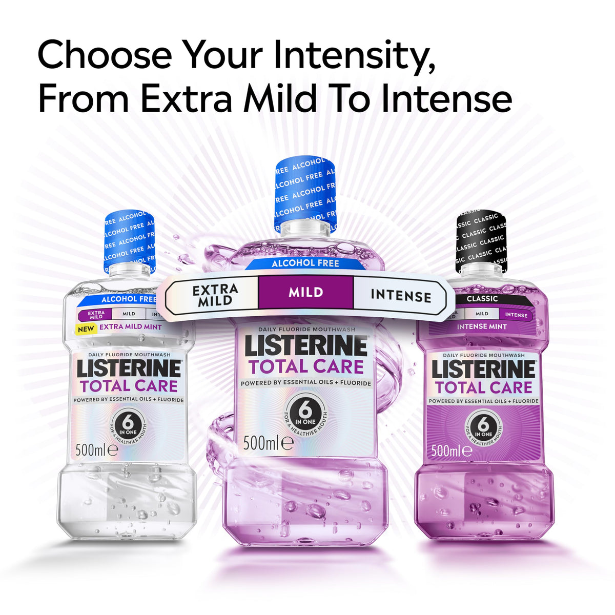 Listerine Total Care Intense Taste Classic Antibacterial Mouthwash (500ml), Fresh Mint Blast Flavour with 6-in-1 Benefits, Helps Reduce Plaque and Freshens Breath