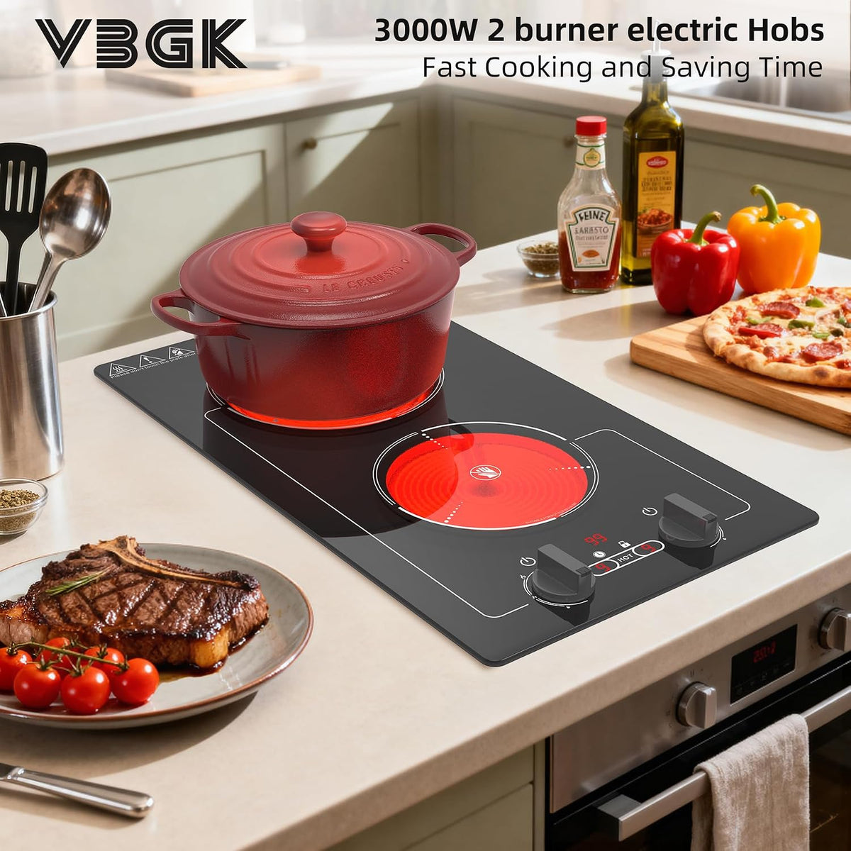 VBGK 2 Ring Electric Hob with Knob, 220V 3000W Double Ceramic Hob, 9 Power Levels, Kids Lock & Timer, Hot Surface Indicator, Overheat Protection, Knob and Touch Control Double Electric Hob