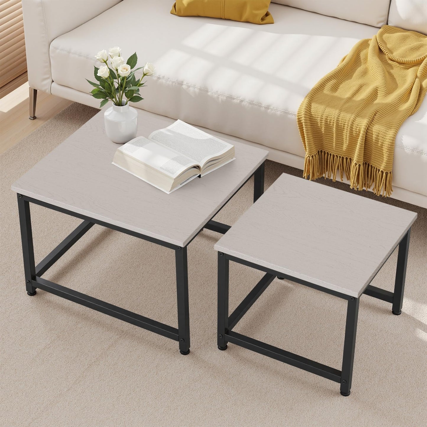 Hawthyhome Coffee Tables, Round Nesting Tables Tet of 2, Modern Side Tables with Metal Frame, Industrial Stacking End Tables for Living Room Bedroom Office, 60 * 60 * 45cm, Brown
