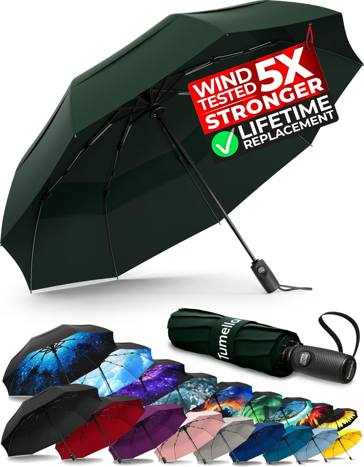TUMELLA Strongest Windproof Travel Umbrella (Compact, 100MPH Wind-Tested)