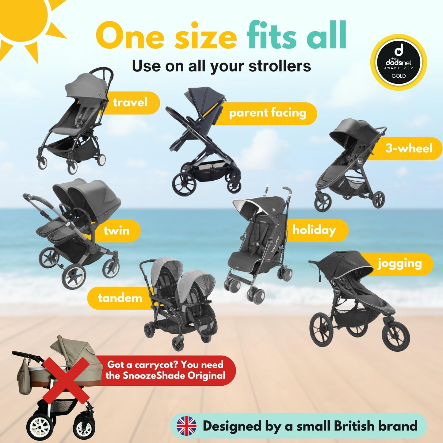SnoozeShade Plus Extra Pram and Stroller Sun Shade Cover Blocks 99% UV UPF50+ Baby Sleep Aid and Breathable Blackout Canopy for Pushchairs Buggies and Travel Strollers