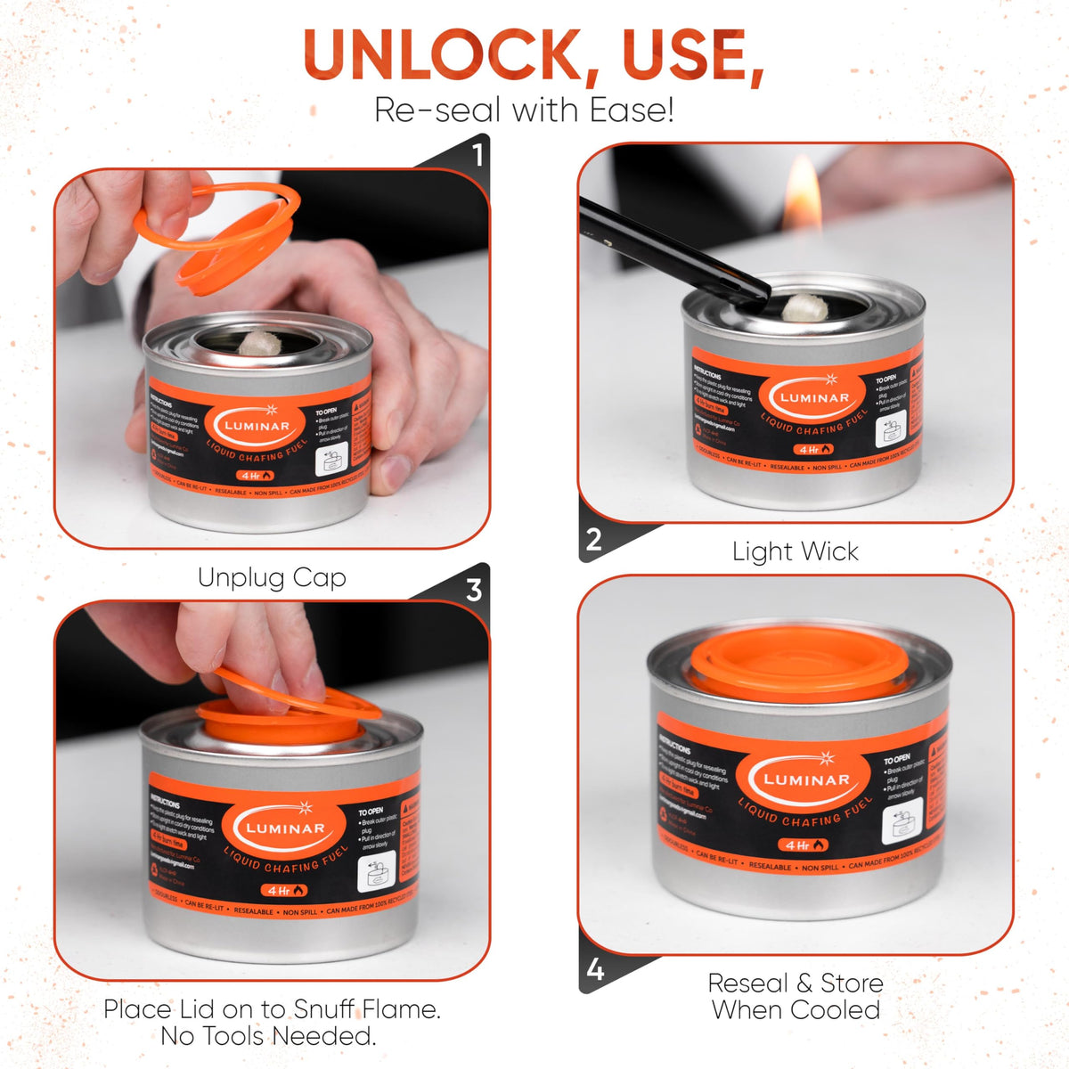 Luminar Resealable-Wick Chafing Fuel Cans, 24 Pack, 6 Hour - Premium Quality Burners for Food Warmers - No More Spills, Waste, or Hassle - Perfect for Convenient, and Long-Lasting Event Catering