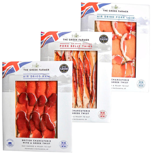 The Greek Farmer Signature 8 Piece Charcuterie Collection | Cured Meats & Cold Cuts | Artisan Charcuterie Gift | British Free-Range Pork | 5-Star Great Taste Award | Ideal Foodie Gift & Savoury Hamper