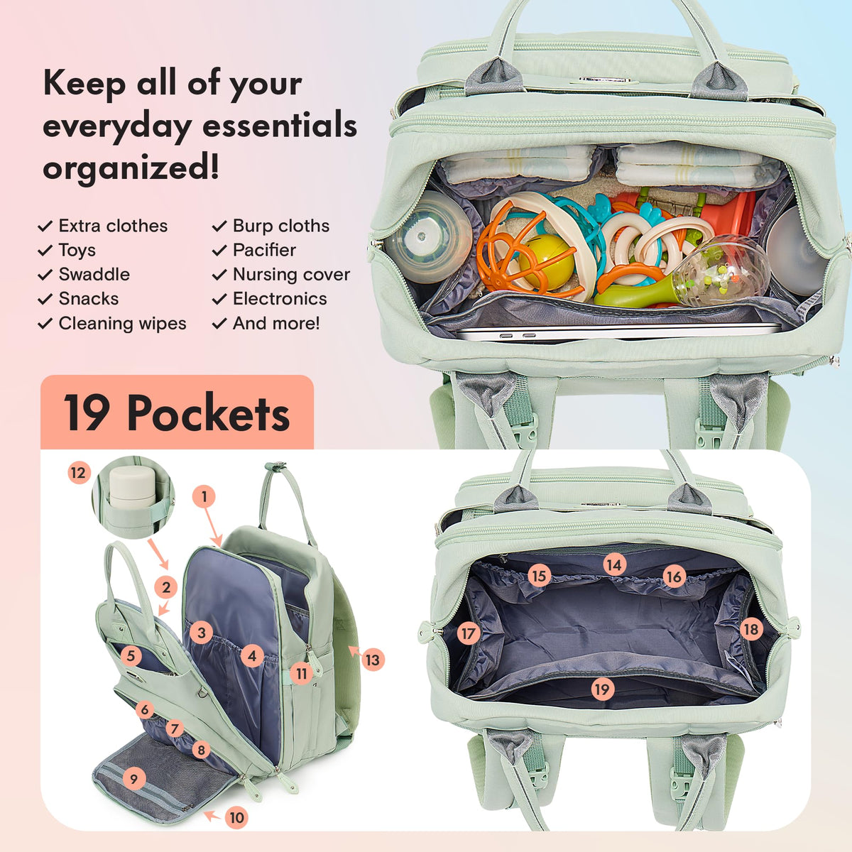 Dikaslon Baby Changing Bags Backpack, Large Baby Bag, 19 Pockets, Outdoors