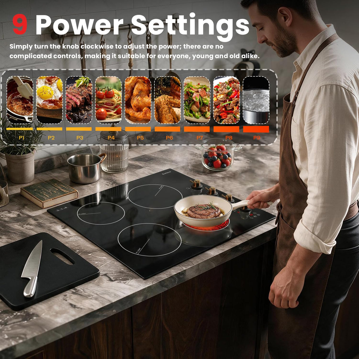 Karinear Electric Ceramic Hob 60cm 4 Zones with Built-in Extractor Hood
