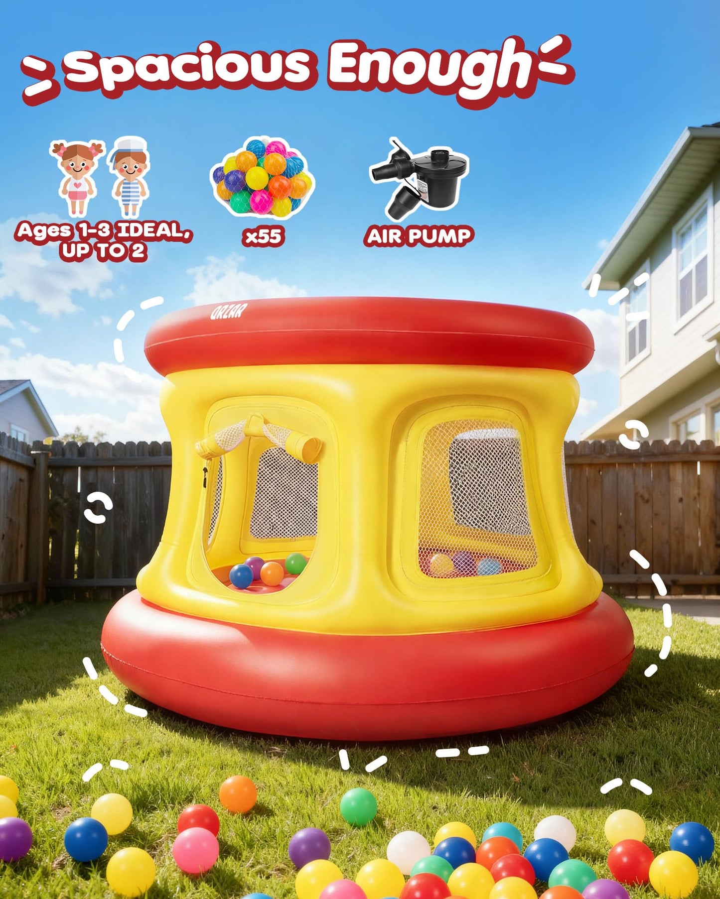 3-in-1 Inflatable Bounce House for Toddlers Under 4, Beautiful & Safe Bouncer with Ball Pit & Trampoline, Indoor/Outdoor Play Yard with Air Pump