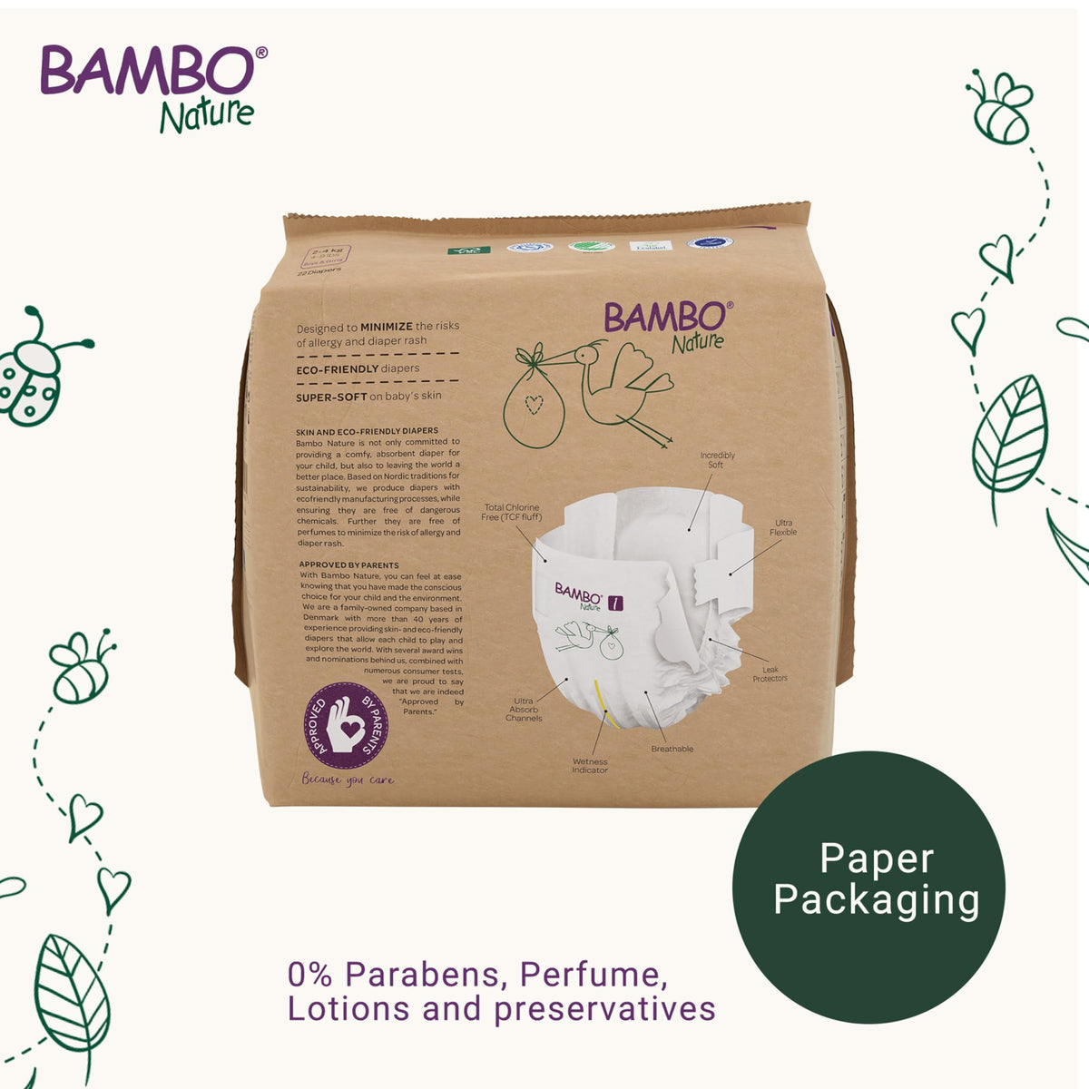 Bambo Nature Premium Eco Nappies, Premature Size 0 (2-7lb/1-3kg), XXS, Pack of 24, Eco-Labelled Nappies, Enhanced Leakage Protection, Secure and Comfortable Baby Nappy