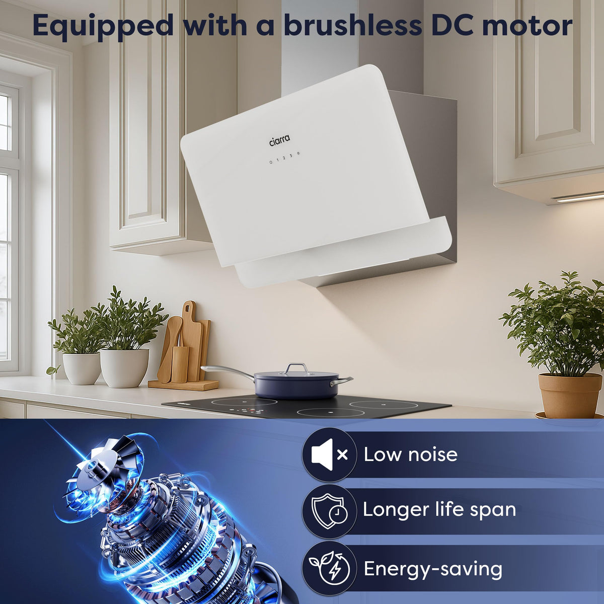 CIARRA 60cm White Angled Cooker Hood, Gesture Control, A+++, CBCW6736A